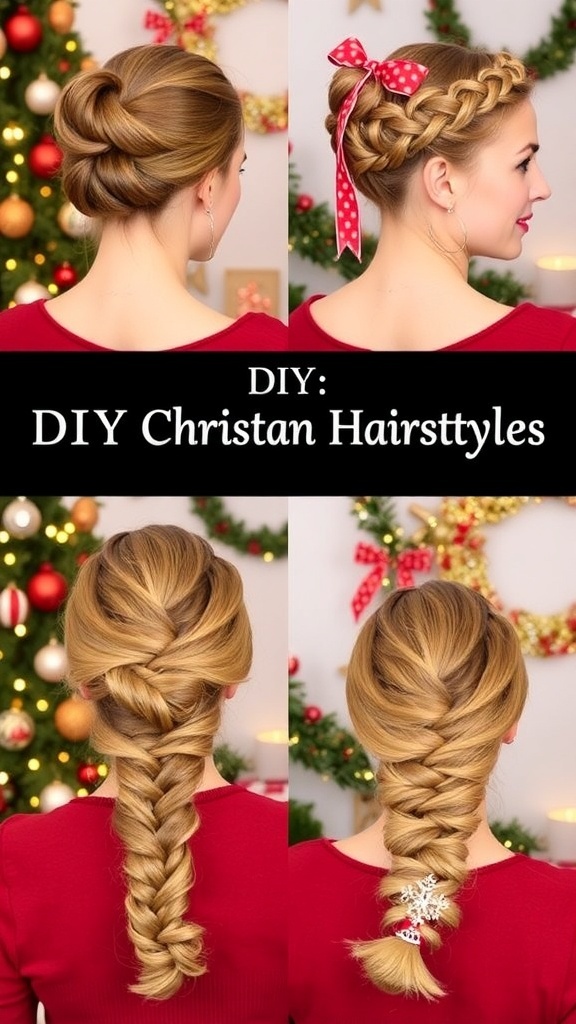A collection of DIY Christmas hairstyles displayed on models with festive outfits and holiday decorations.